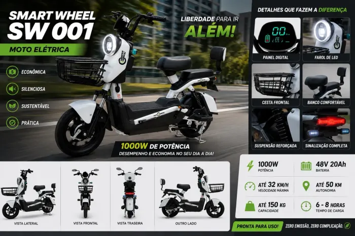 Moto Elétrica Smart Wheel SW 001 1000W 48V 20Ah Lithium - ZERADA NA CAIXA