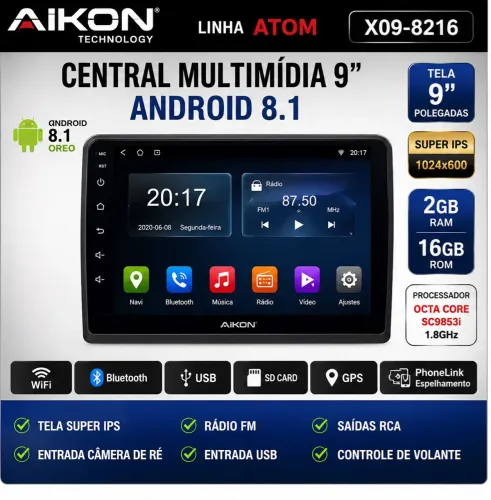 Central Multimídia Automotiva Aikon Atom X09-8216 9" Android 8.1 2GB 16GB (usada)