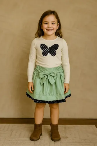 Saia de cetim verde menta com laço e forro em poá preto e branco - tamanho 10<br>Lindíssima!