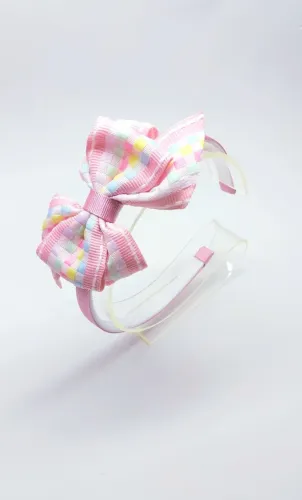 Tiara com laço rosa e estampa xadrez