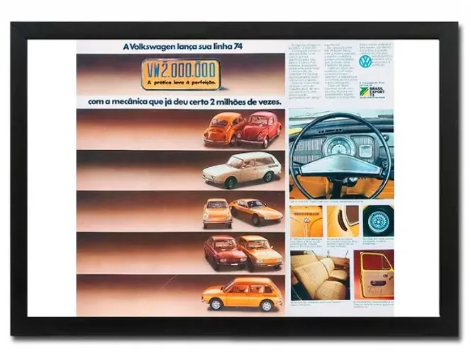 Fusca, SP2, TL, Karmann Ghia TC e Brasília 1974 - Quadro decorativo propaganda original