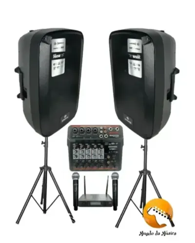 KIT DUAS CAIXA WALDMAN + MESA DE SOM MC6BT + TRIPE SUPORTE CAIXA + MICROFONE LEXSEN LM502