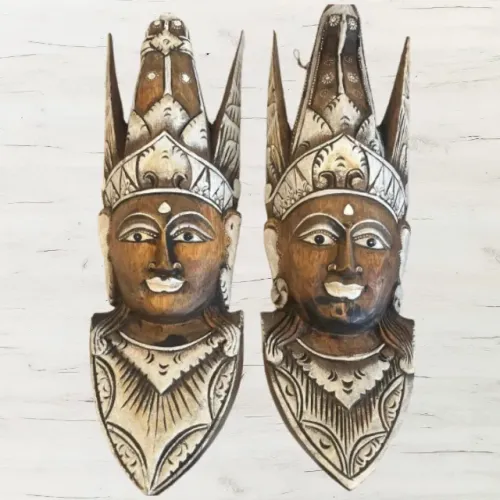 Máscaras Decorativas Étnicas em Madeira | Estilo Indonésio - Par (Rei e Rainha)