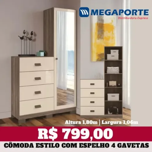 Cômoda Estilo 4 Gavetas 1 Porta com Espelho (NOVO) Entrega Grátis!