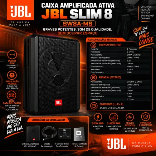 Subwoofer 8" amplificado slim - amplificador estéreo integrado