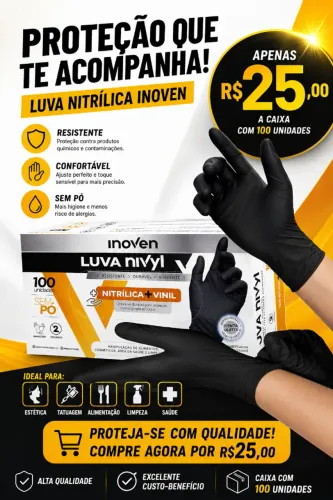 Luva Nitrilica Preta Sem Pó Antiderrapante 100 Unidades Descartável TAM G