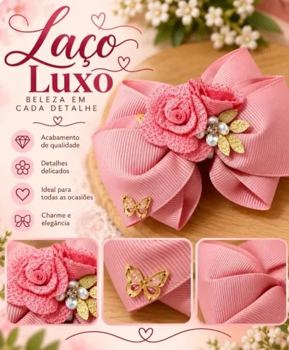 Laço Infantil Rosa Luxo com Flor e Detalhes Dourados ?