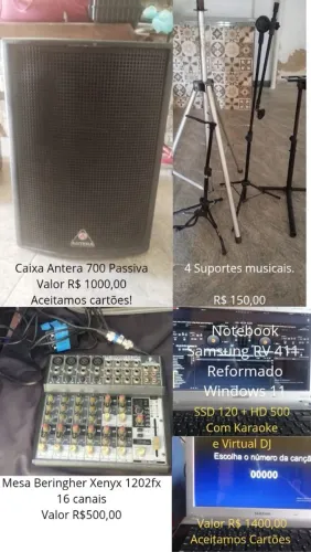 Notebook Samsung reformado, Caixa Passiva Antera 700, Mesa de Som Beringher 16C. SUPORTES