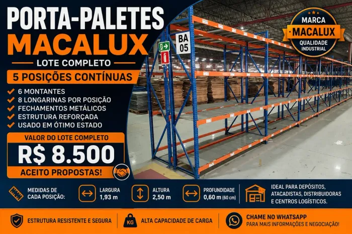 PORTA-PALETES MACALUX 5 POSIÇÕES - ESTRUTURA INDUSTRIAL - LOTE COMPLETO