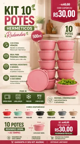 Kit 10 Potes Herméticos 500ml com Tampa | Livre de BPA
