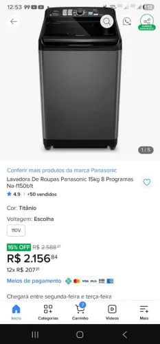 Vendo máquina de lavar Panasonic 15kg titânio 127v