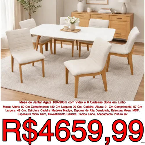 Mesa jantar Agata com 6 cadeiras Sofia luxuosos / frete grátis / pague na entrega 