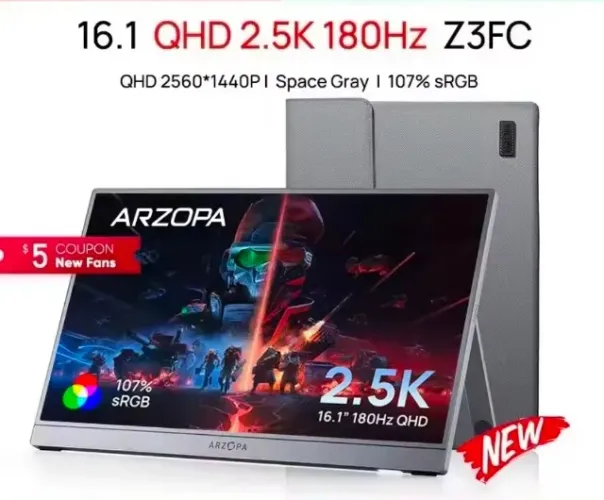 Monitor Portátil ARZOPA 16,1 180Hz 2.5K 107% SRGB Cinza Z3FC - Original - Lacrado