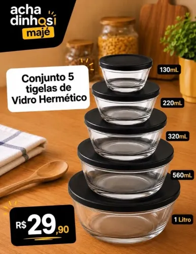 Conjunto 5 Potes de Vidro com Tampa