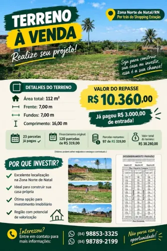 OPORTUNIDADE DE REPASSE DE TERRENO EM NATAL/RN!