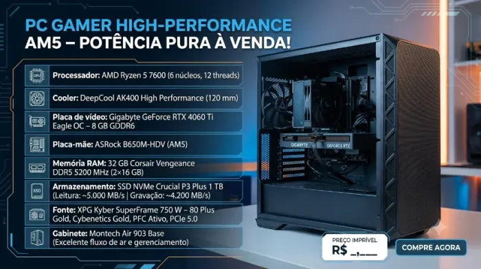 PC Gamer - Ryzen 5 7600 + RTX 4060 Ti | 32 GB DDR5 | SSD NVMe 1 TB
