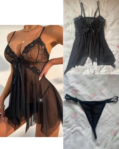 Conjunto Camisola Lingerie de Renda Floral de tule com Decote em V alças ajustáveis Pp