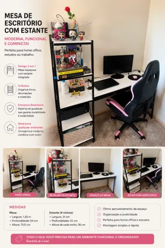 Mesa Escrivaninha com 5 prateleiras estilo industrial preta e branco