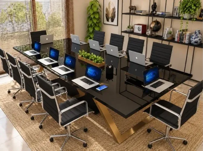 Mesa De Reunião Gold Tilting Ergonomic Delluxe: 8 Tomadas. L360cm x P130cm x A76cm