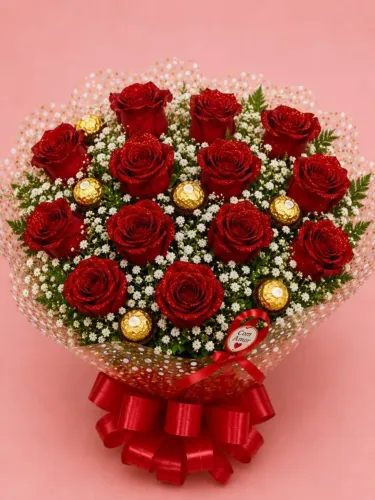 BUQUÊ DE 12 ROSAS E FERRERO ROCHER