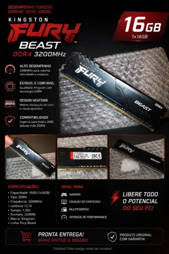 VENDO MEMÓRIA RAM 16 GB KINGSTON FURY BEAST 3200MHZ