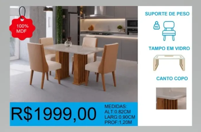 Mesa com tampo em vidro e 4 cadeiras - parcelamos até 12 X sem juros
