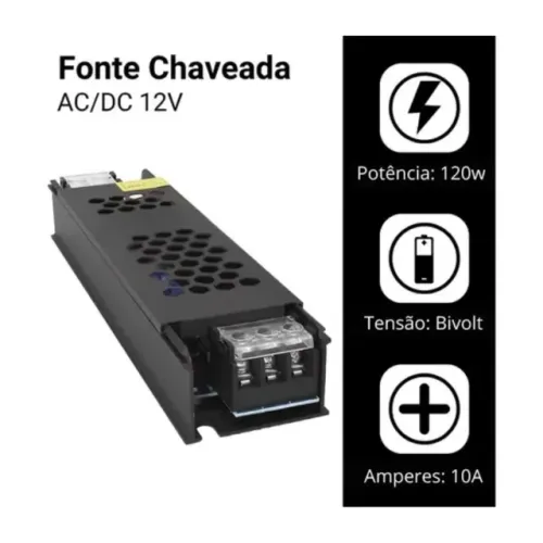 Fonte Chaveada Slim 12v 10A 120W Capa Preta - Led, Som e Cftv