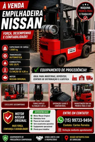 Empilhadeira Nissan,1.8 ton.GLP, Torre Duplex 4,0m