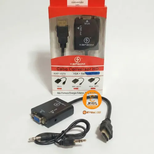 Conversor, Adaptador ENTRADA HDMI x SAÍDA VGA + Cabo de Áudio P2 x P2 HDMI x VGA