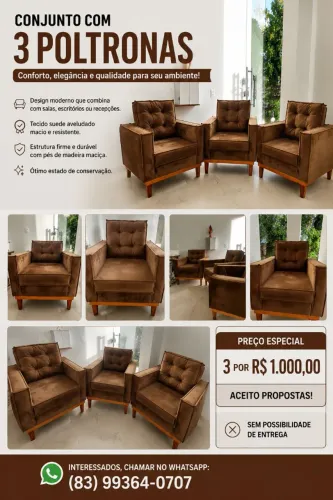 Conjunto com 3 Poltronas em Suede Marrom - Excelente Estado - R$ 1.000