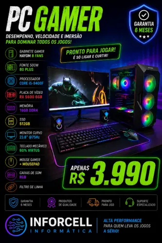 Pc Gamer Intel Core i5-9400F Placa de Vídeo RX 5600 8gb Ssd 512 16gb Ram Tela 24