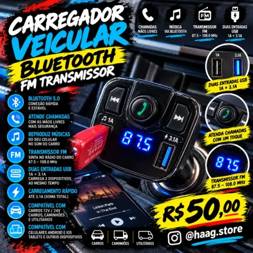 Transmissor FM Bluetooth 5.0 Veicular 2 USB Carregador Rápido 3.1A Viva Voz