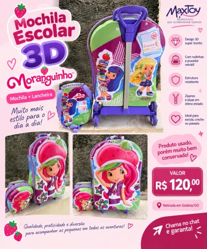 Mochila Escolar 3D Moranguinho Max Toy com Rodinhas + Lancheira
