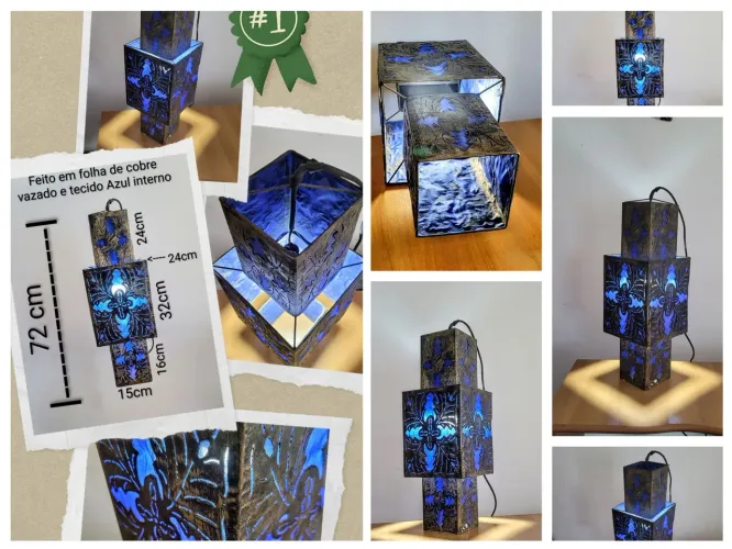 LUMINÁRIA ORIENTAL ARTESANAL EM METAL VAZADO. FOTRADO COM TECIDO AZUL INTERNO. VINTAGE