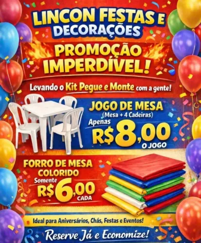 aluguel jogo de mesa a 12,00 acima de 10 sair a 10 reais levando decoração sair 8,00