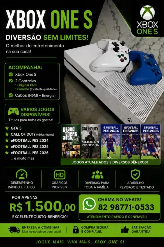 XBOX ONE S COMPLETO + 2 CONTROLES + VÁRIOS JOGOS | 1.100