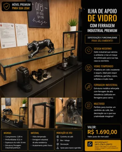 Ilha de Apoio de Vidro Temperado 2m com Ferragem Industrial Seminova