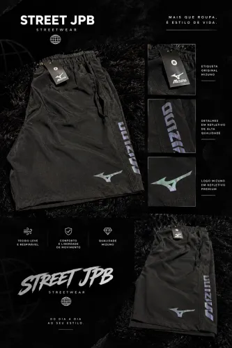 Short Mizuno Masculino Preto com Logo Refletivo - Streetwear