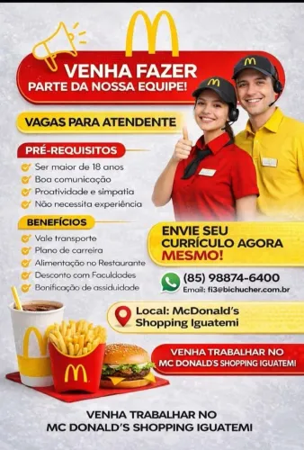 Vaga para atendente de lanchonete no Mcdonald's do shopping Iguatemi 