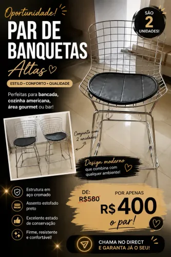 Par de banquetas altas em aço cromado com assento estofado preto - Excelente estado