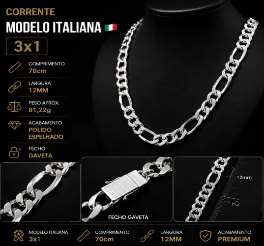 Corrente prata 925 modelo italiana 11mm maciça 70cm