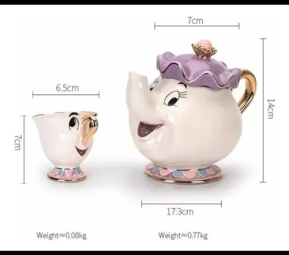 A Bela e a fera Bule e 2 xícaras de porcelana 