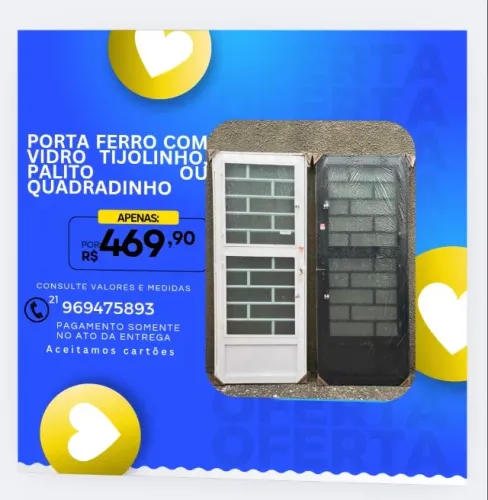 Porta de ferro com vidro tijolinho quadradinho ou palito branca ou preta 