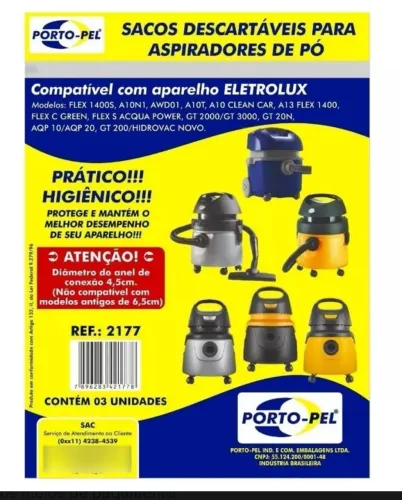 05 Sacos( total 15sacos ) Descartáveis para Aspirador Electrolux -Porto-Pel