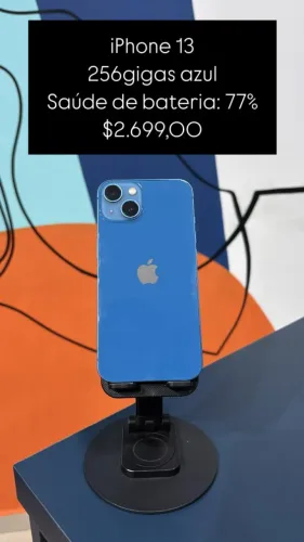 iPhone 13 / 256GB / Azul / Saúde de bateria 77% / R$2.699,00