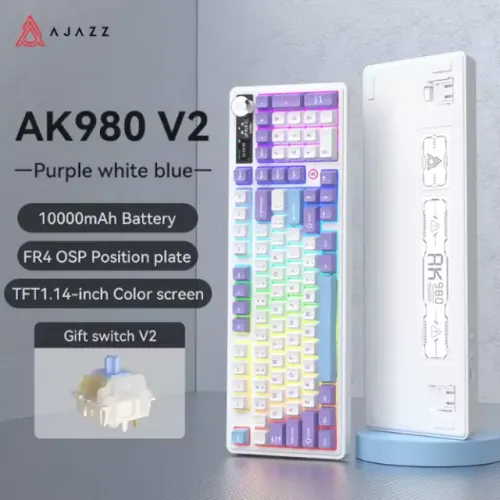[Novo] Teclado Mecânico Sem Fio Ajazz AK980 V2 Branco, Gift Switch, Tela Customizável, RGB