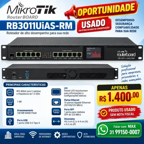 Roteador MikroTik RouterBOARD RB3011UiAS-RM com 10 Portas Gigabit e PoE