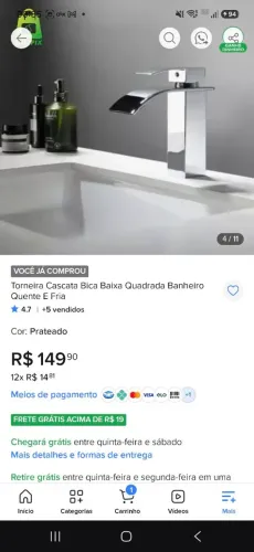 Vendo Torneira Cascata Bica Baixa Quadrada Banheiro Quente E Fria