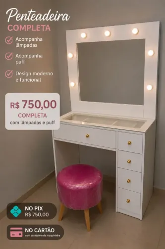 Penteadeira 5 Gavetas Espelho e Tampo de Vidro - Nova