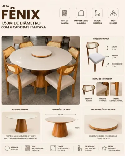Mesa de jantar + 6 cadeiras + prato giratório
